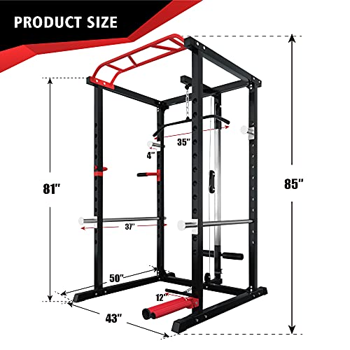 ER KANG Olympic Power Cage, 1000 lbs Light Commercial Weight Cage with LAT Pull-Down Pulley System, 360 Degree Landmine, Dip Bars and Other Attachments