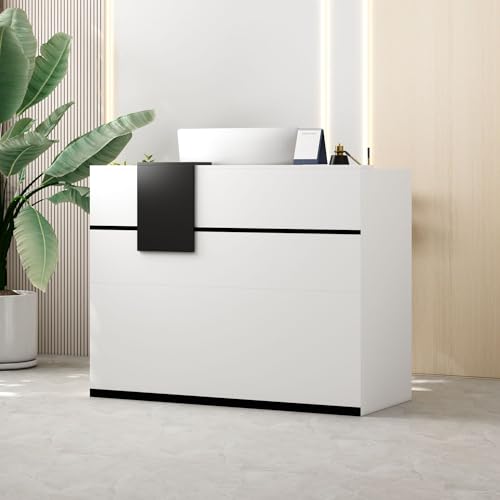 MOUMON Reception Desk with Moveable Shelves, Lockable Drawer, Black Tapes - White - 55.1”W x 23.6”D x 43.3”H