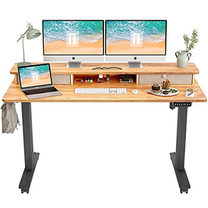FEZIBO Height Adjustable Electric Standing Desk with Double Drawer, 55 x 24 Inch Stand Up Table with Storage Shelf, Sit Stand Desk with Splice Board, Black Frame/Light Rustic Top
