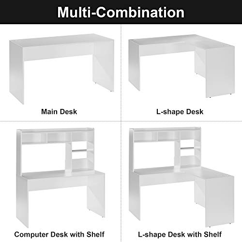 Sunon L-Shaped Computer Desk Corner Desk Home Office Office Study Workstation with Bookshelf (White)