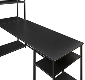 Famgizmo L-Shaped Compute Desk with Hutch, Corner Computer Desk Gaming Table Workstation with Storage Bookshelf for Home Office, Black