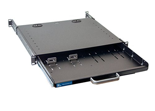 RSF1111BK21F4K2 1U Compact Rack Mount Keyboard Drawer with Retractable Mouse pad for Either Right or Left Hand Operator Supports 2 Post and 4 Post Rack from 15 inch up to 31 inch Depth Rack Cabinet