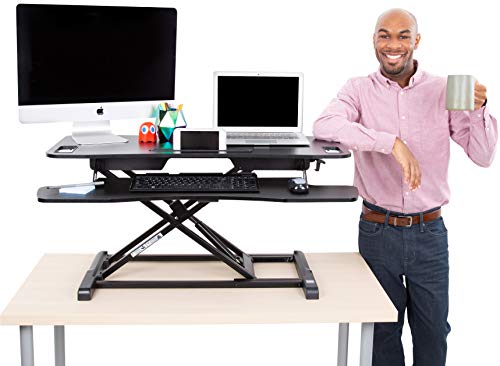 Flexpro Hero 37 Inch Standing Desk | 2 Level Standing Desk Converter with Keyboard Shelf and Monitor Riser | Large Dual Level Sit to Stand Workspace | Easily Sit or Stand in Seconds! (Black / 37")
