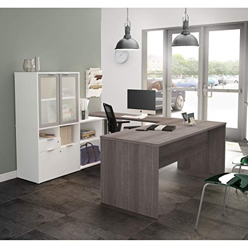 Bestar i3 Plus U-Shaped Executive Desk with Frosted Glass Doors Hutch, 72W, Bark Grey