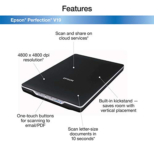 Epson Perfection V19 Color Photo & Document Scanner, Black, 4800 dpi, Scan-to-Cloud