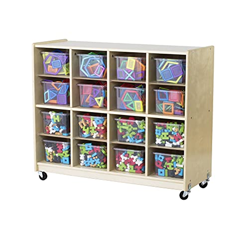 Guidecraft 16 Bin Birch Storage Unit with Casters - Rolling Wooden Cubby and Organizer for Toys, Art, Supplies, Books - Classroom Furniture, School Supply