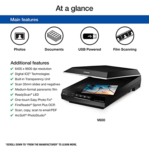 Epson Perfection V600 Photo Color Scanner - USB Connectivity, 6400 x 9600 dpi, 17" x 22" Enlargements
