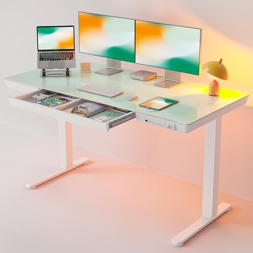FEZIBO Electric Standing Desk 55 × 24 with Drawers, Glass Adjustable Height, Quick Install Sit Stand Desk - White