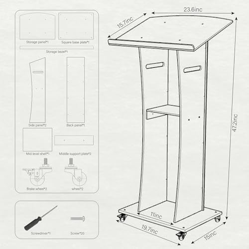 Acrtmatic Clear Acrylic Rolling Podium Stand, 47-inch with Storage Shelf