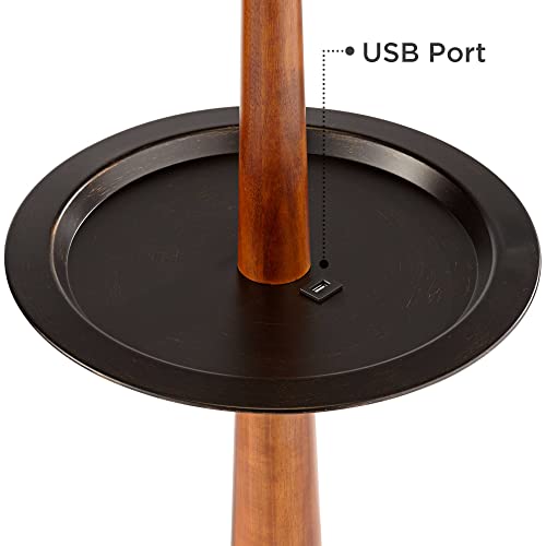 Franklin Iron Works Rustic Farmhouse Floor Lamp with Tray Table and USB Port 64.75" Tall - Painted Bronze Faux Wood Oatmeal Linen Drum Shade