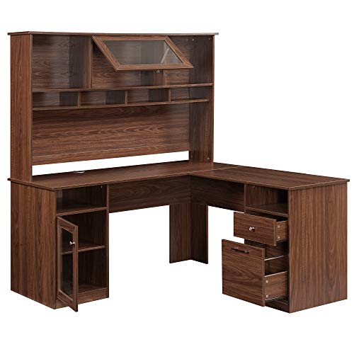 Home Office L-Shaped Desk with Hutch and Glass Doors, Writing Workstation with Shelves and File Cabinet for Home Office (Brown) (Brown)