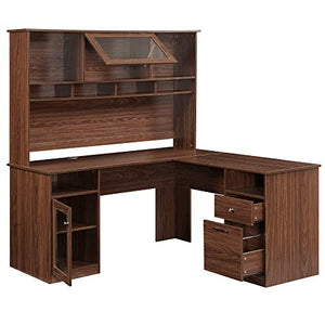 60 Inch Home Office L-Shaped Desk with Hutch and Glass Doors, Writing Workstation with Shelves and File Cabinet for Home Office, 600LBS Load Capacity