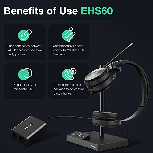 Yealink WH62 Wireless Headset with EHS60 Adapter - DECT Headset with Microphone - Teams Zoom Certified - Noise Canceling Mic - Compatible for Cisco Avaya Poly Grandstream Desk Phone IP VoIP SIP Phones
