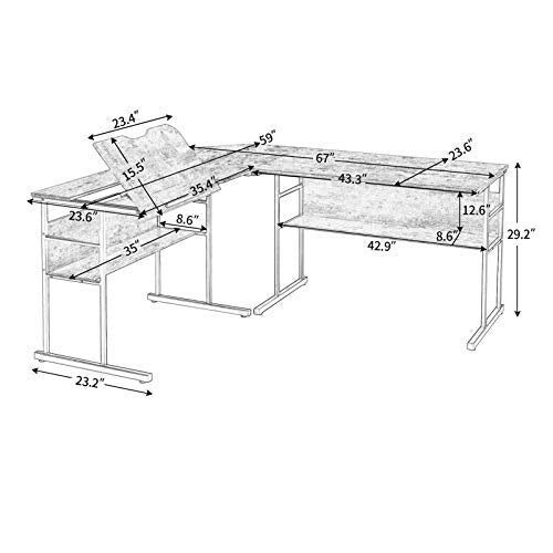 U/D Home Office L-Shaped Desk with Bottom Bookshelves and CPU Stand, Multi-Function Drafting Drawing Table (Color : Brown)
