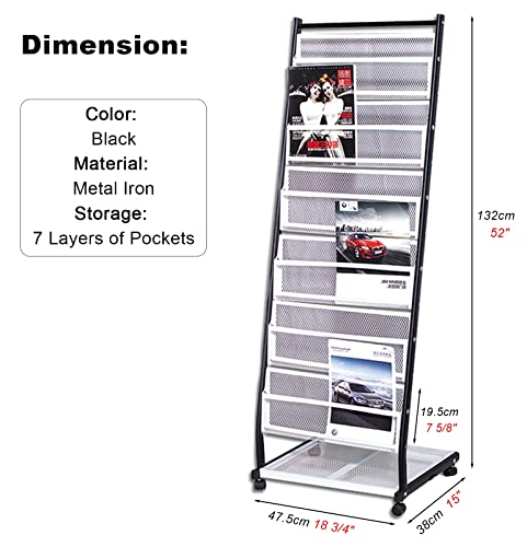 MUSNOW 7-Pocket Magazine Holder Stand with Wheels, L-Shape Metal Literature Display Rack