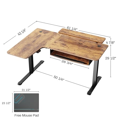 EUREKA ERGONOMIC Electric Standing Desk with Keyboard Tray, 61" L-Shaped, Adjustable Height, LED Monitor Stand - Rustic Brown