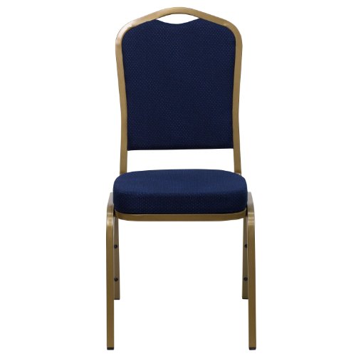 Flash Furniture 4 Pack HERCULES Series Crown Back Stacking Banquet Chair Navy Blue Patterned Fabric Gold Frame