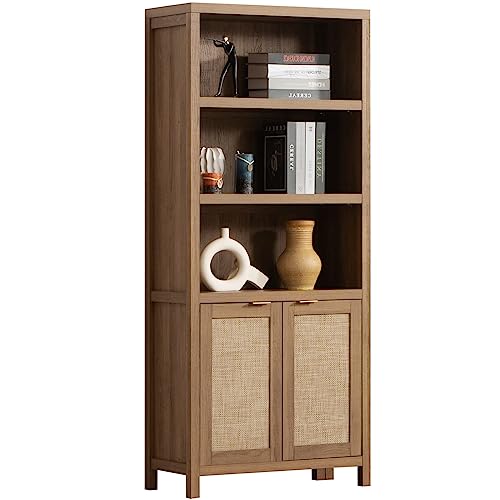 SICOTAS 5 Tier Rattan Boho Bookcase with Doors - Oak