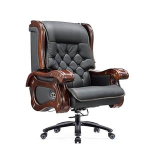 Generic Executive Office Chair - Fully Reclining Genuine Leather, Solid Oak Wood (Black)