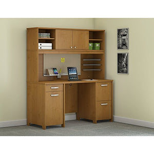 Bush Furniture Envoy Office Desk with Hutch and 2 Pedestals in Natural Cherry