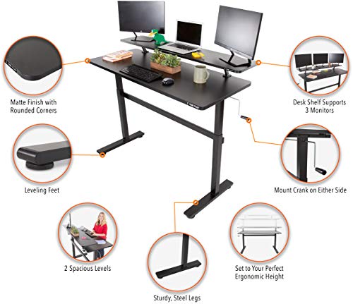 Stand Steady Tranzendesk 55 in Standing Desk with Clamp On Shelf | Crank Height Adjustable Stand Up Workstation with Attachable Monitor Riser | Holds 3 Monitors & Adds Desk Space (55 in/Black)