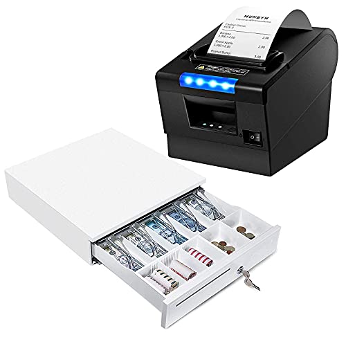MUNBYN Thermal Receipt Printer and Cash Drawer, 80mm POS Printer with 16" Cash Drawer Register, White