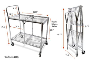 Stand Steady Tubstr Collapsible 2 Shelf Wire Cart, Heavy Duty Rolling Utility Cart, Holds 200 Pounds, Commercial Grade (Chrome, 33.75in x 19.5in x 39.5in)