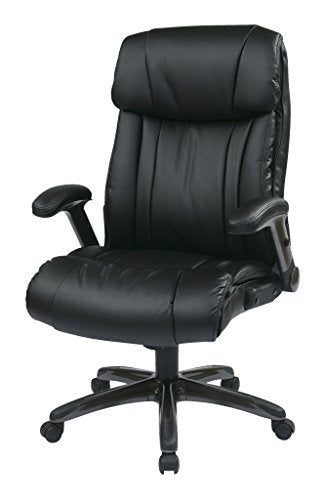 Office Star High Back Bonded Leather Executives Chair with Padded Flip Arms and Titanium Coated Accents, Black