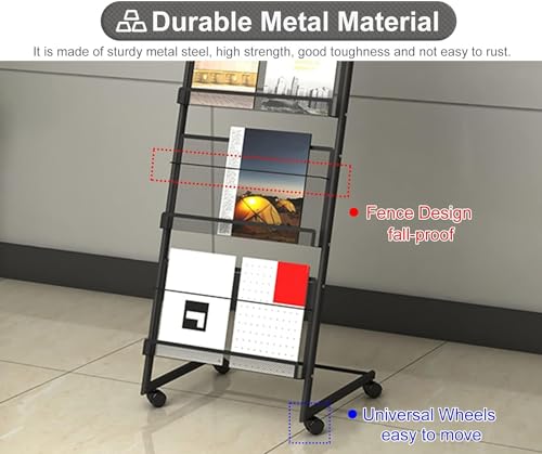 TIST Magazine Rack L-Shaped Brochure Display Rack with Wheels