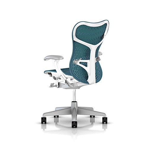 Herman Miller Mirra 2 Office Chair Tilt Limiter - Adjustable Arms and Seat - Dark Turquoise Butterfly Suspension Latitude Back with Studio White Frame Fog Base - Adjustable Lumbar Support - C7 Hard Floor Casters