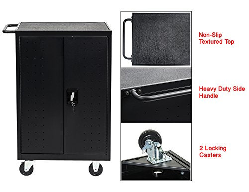 Pearington 20 Device Mobile Charging and Storage Cart for iPads, Chromebooks and Laptop Computers, Up To 17-Inch Screen Size, Surge Protection, Front & Back Access Locking Cabinet, Black