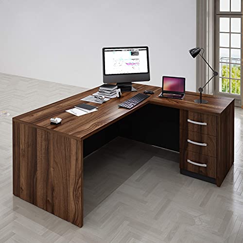 Casa Mare 71" Executive Home Office Suite | Made of Solid Wood | 3-Piece Set including Long L Shaped Desk with Drawers, Coffee Table & Large Storage Cabinet | Modern Business Furniture | Brown & Black