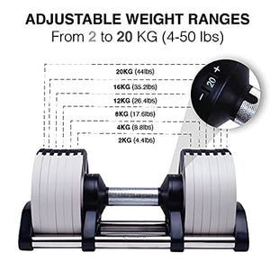Krato Single Adjustable Dumbbell (20kg/44lb) by ROBURFLEX for Workout Strength Training Fitness Home Gym - Space White color