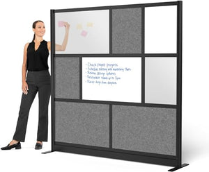 S Stand Up Desk Store Workflow Modular Wall | 70in x 70in | Expandable Room Divider with Whiteboard, Acrylic Panels, Sound Absorbent Panels - Black Frame