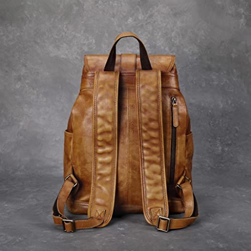 ADIE Retro Men's Large Capacity Backpack，Men Portable Genuine Leather Laptop Bag，First Layer Cowhide Travel、Business、Student Daypack (Color : Brown, Size : 14inchs)