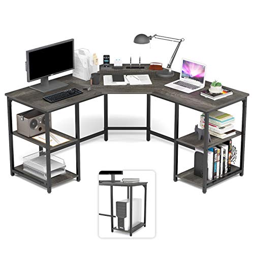 Elephance Large L-Shaped Desk with Shelves, Computer Corner Desk, Home Office Writing Workstation, Gaming Desk PC Laptop Table with Storage (56.9 Inch, Boak)