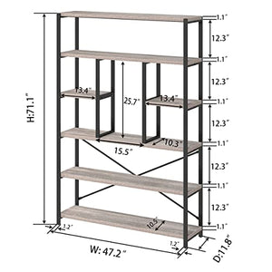 LVB Industrial 6 Tier Bookshelf, Rustic Vintage Etagere Bookcase, Gray Wood and Metal Shelf