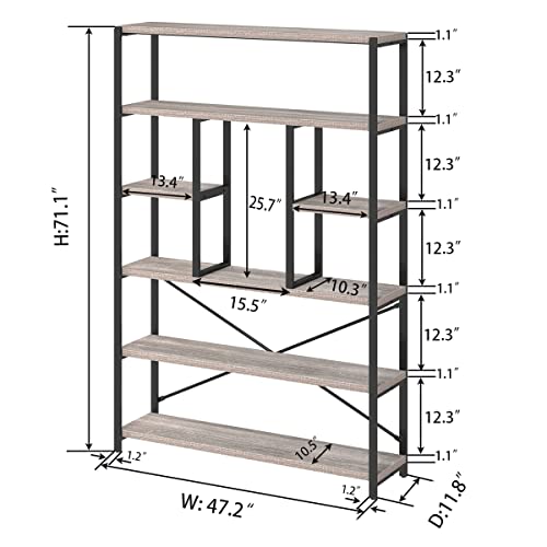 LVB Industrial 6 Tier Bookshelf, Rustic Vintage Etagere Bookcase, Gray Wood and Metal Shelf