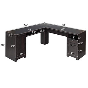 GOFLAME 66" Modern L-Shaped Desk with Drawers, PC Laptop Corner Table Workstation, Space Saving Computer Desk with Spacious Surface, Writing Table Home Office Computer Desk (Coffee)