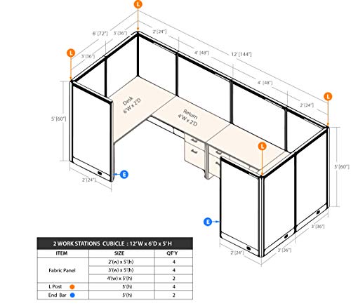 G GOF 2 Person Workstation Cubicle (6'D x 12'W x 4'H) / Office Partition, Room Divider