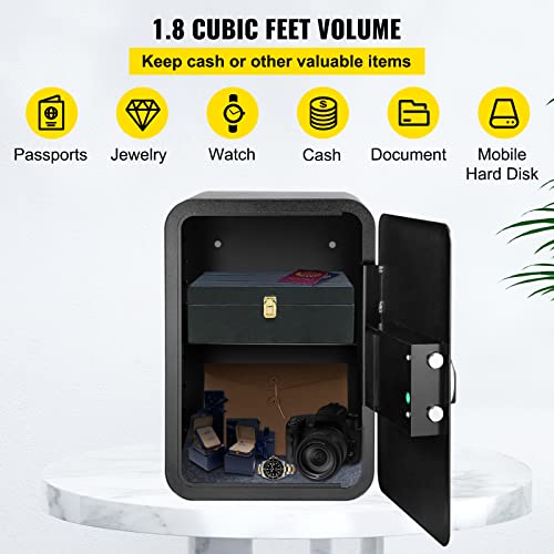 VEVOR Safe Box, 1.8 Cubic Feet Money Safe with Fingerprint Lock and Key Lock, Alloy Steel Home Safes with A Removable Shelf, Wall-Mounted Security Safe for Cash, Jewelry, Passports, Documents (Black)