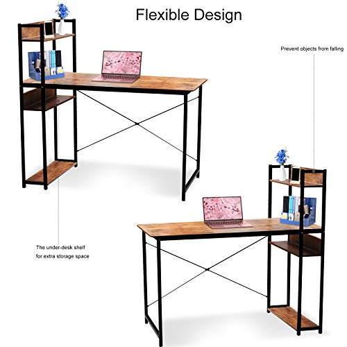 Levoni Computer Home Office Desk 47 inch Writing Study Table with Storage Shelves Study Writing Table with Bookshelves Brown
