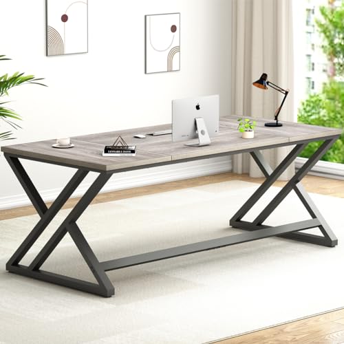 LVB Modern Industrial Double Workstation Desk, 70.8" Long, Light Grey Oak