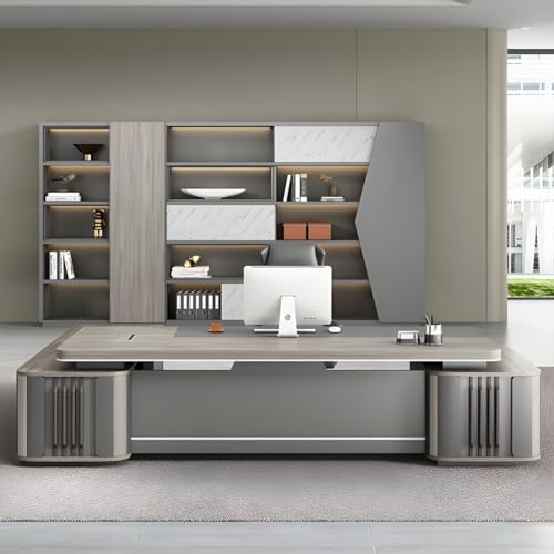 KWOKING Gray L-Shape Executive Desk with Drawers & Shelving - Office Furniture 87" x 63" x 29.5
