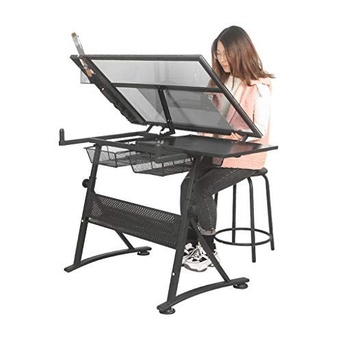 Lgan Drafting Table with Storage, Height Adjustable Tiltable Art Desk, Glass Panel Drawing Desk, for Work Study Painting Craft Table