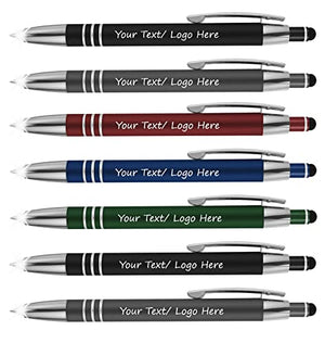 Promotional Pens with your Personalized Text or Custom Business Logo- Bulk 100 Pack- 3 in 1 Rubberized Metal Luxury Ballpoint Pens + LED Night Writer Flashlight + Stylus for Touchscreens, Assorted