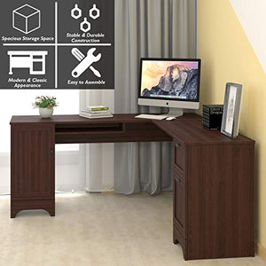 Tangkula 66.5” ×66.5” L-Shaped Desk, Modern Corner Computer Table with Drawers and Adjustable Shelf, Study Writing Table Workstation for Home Office (Coffee)