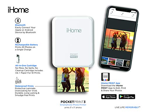 iHome® PocketPrint3™ Mobile Photo Printer, Square 3x3 inch Printouts (White)