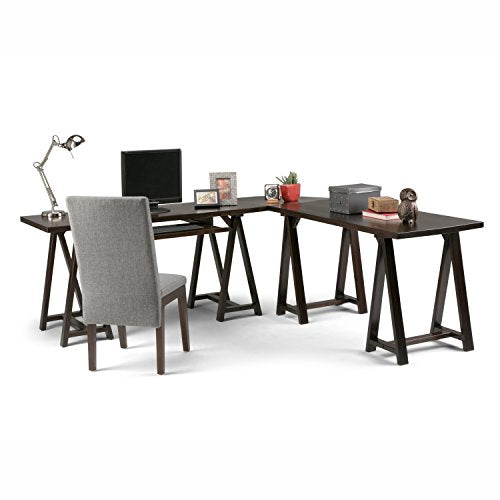 Simpli Home 3AXCSAW-10-BR Sawhorse Solid Wood Modern Industrial 84 inch Wide L-Shape Corner Desk in Dark Chestnut Brown