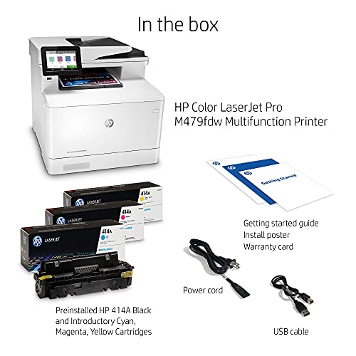 HP Color Laserjet Pro Multifunction M479fdw Wireless Laser Printer, Print Scan Copy Fax, Automatic 2-Sided Printing, 28 ppm, 250-sheet, 512MB, Works with Alexa, Bundle with JAWFOAL Printer Cable.